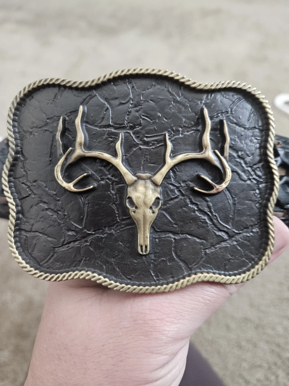 Western Antler Buckle Leather Belt - Black